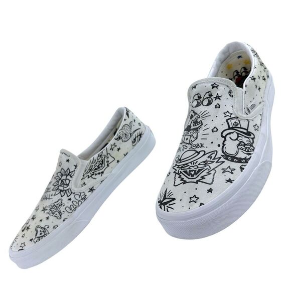 VANS Tattoo White Canvas Slip-on Sneakers 11.5(W) 9(M) - Picture 2 of 9